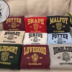 hp inspired shirts, hp characters name 2 sides sweatshirt, hogwarts sweatshirts, wizard world, hp fan gift, family vacat
