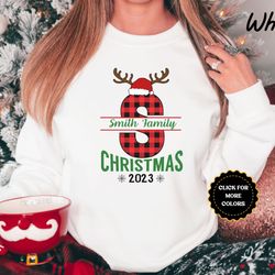 personalized family christmas sweatshirts, custom family name christmas reindeer sweatshirts, buffalo plaid family match