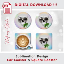 Funny Cannabis Skull Design - Sublimation Waterslade Pattern - Car Coaster Design - Digital Download