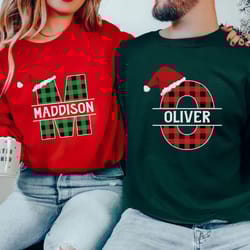custom name matching family christmas sweatshirts, personalized christmas sweatshirt, buffalo plaid name sweatshirt, hol