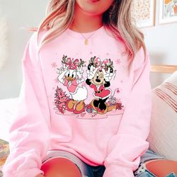 vintage minnie daisy pink christmas shirt, retro disney pink christmas shirt, disney christmas friends shirt, pink disne