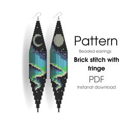 Nothern lights - Beaded earrings pattern - Brick stitch with fringe - Aurora borealis, moon, night sky, PDF, digital dow