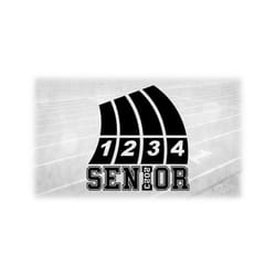 sports clipart: black track and field 4-lane track w/ lane numbers and word 'senior' and grad year 2023 - digital download svg png dxf pdf