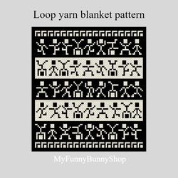 Dancing men Loop yarn Finger knitted blanket pattern PDF Download