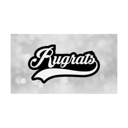 sports clipart: 'rugrats' team name in baseball type lettering with swoosh underline - white on black layers - digital download svg & png