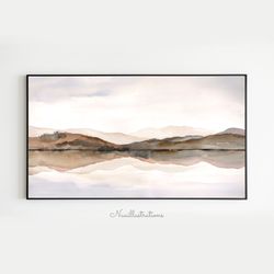 Samsung Frame TV Art Mountain Lake Reflection Landscape Watercolor Neutral Downloadable, Digital Download Art