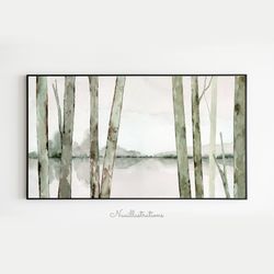 Samsung Frame TV Summer Forest Tree Landscape Watercolor, Brown Tree Trunk on Lake Downloadable, Digital Download Art
