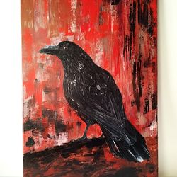 Black Raven Acrylic Painting Bird Art - Handcrafted on Canvas