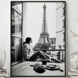 girl eating breakfast in paris with eiffel tower poster, breakfast in paris, eiffel tower view,cityscape art, morning in