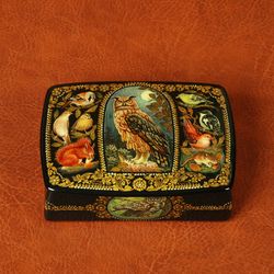 Animals lacquer jewelry box hand-painted wildlife miniature art