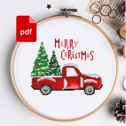 christmas truck cross stitch pattern, christmas lettering red truck with christmas tree cross stitch easy pdf