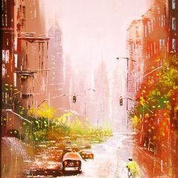 Oil Painting "AFTER RAIN" Original Oil Painting on Canvas, Modern New York Painting by "Walperion Paintings"