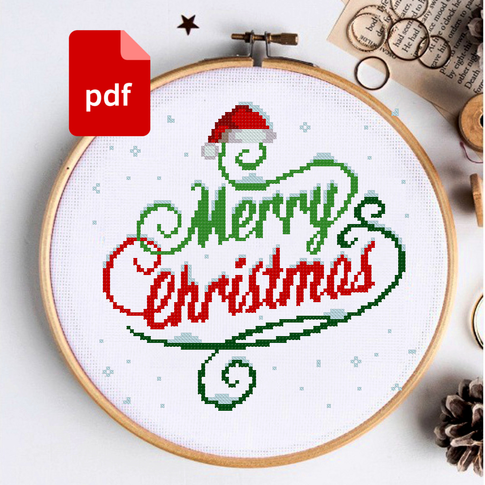 Merry Christmas Lettering Cross Stitch Pattern Holly Christmas Cross Stitch Chart 0