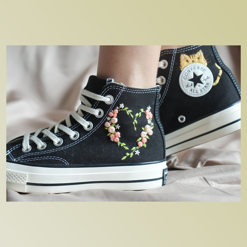 Custom Embroidery Shoes, Flower Converse Handmade, Women's Shoes, Wedding Gift, Converse Hi Chuck 1970s, Wedding Sneakers, Valentine Gift - 1.jpg