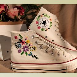 custom embroidery shoes, flower converse handmade, women's shoes, wedding gift, converse hi chuck 1970s, wedding sneaker