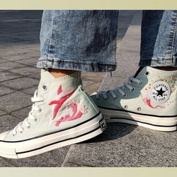 custom embroidery shoes, flower converse handmade, women's shoes, wedding gift, converse hi chuck 1970s, wedding sneaker