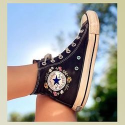 custom embroidery shoes, flower converse handmade, women's shoes, wedding gift, converse hi chuck 1970s, wedding sneaker