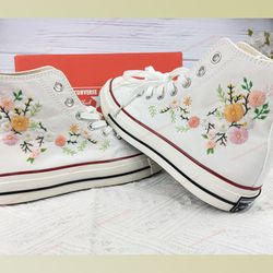 custom embroidery shoes, flower converse handmade, women's shoes, wedding gift, converse hi chuck 1970s, wedding sneaker