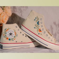 custom embroidery shoes, flower converse handmade, women's shoes, wedding gift, converse hi chuck 1970s, wedding sneaker
