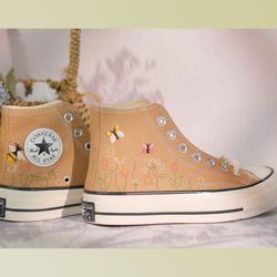 custom embroidery shoes, flower converse handmade, women's shoes, wedding gift, converse hi chuck 1970s, wedding sneaker