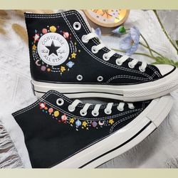 custom embroidery shoes, flower converse handmade, women's shoes, wedding gift, converse hi chuck 1970s, wedding sneaker