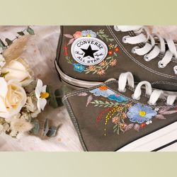 custom embroidery shoes, flower converse handmade, women's shoes, wedding gift, converse hi chuck 1970s, wedding sneaker
