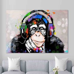 banksy thinking monkey, dj monkey, banksy monkey, headphones chimp, banksy painting, black frame canvas, street art prin