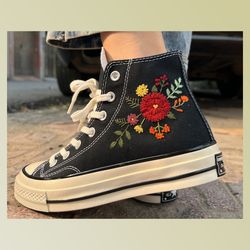 custom floral embroidered shoes, handmade embroidered converse, converse custom, converse wreath flower, custom flower c