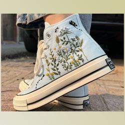 custom floral embroidered shoes, handmade embroidered converse, converse custom, converse wreath flower, custom flower c