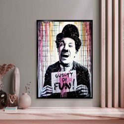 juxtaposed pink charlie chaplin & albert einstein street art, mr brainwash graffiti canvas wall art, rolled canvas or re