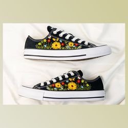 custom floral embroidered shoes, handmade embroidered converse, converse custom, converse wreath flower, custom flower c