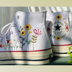 custom floral embroidered shoes, handmade embroidered converse, converse custom, converse wreath flower, custom flower c