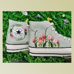 custom floral embroidered shoes, handmade embroidered converse, converse custom, converse wreath flower, custom flower c