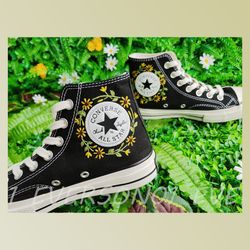 custom floral embroidered shoes, handmade embroidered converse, converse custom, converse wreath flower, custom flower c