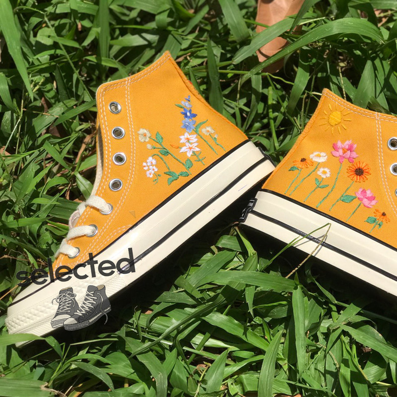 Embroidered Camellia Flower Converse, Custom Converse Chuck Taylor Embroidered Garden Flower, Embroidered Converse Custom Wedding Flowers - 4.jpg
