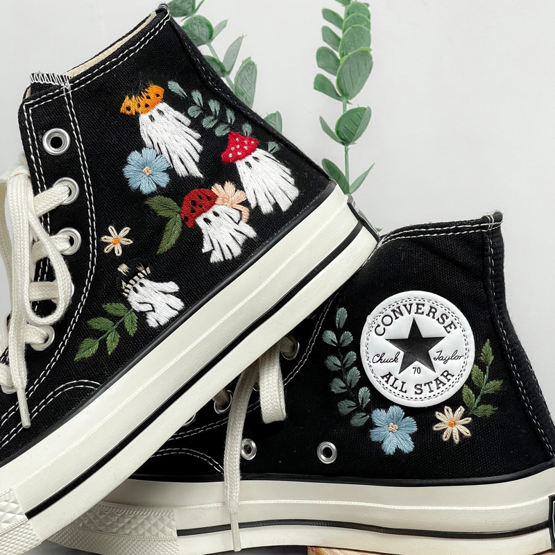 Mushroom And Ghost Converse, Halloween Converse, Custom Floral Embroidery Shoes, Converse Floral, Embroidered Mushroom Shoes, High Tops - 5.jpg