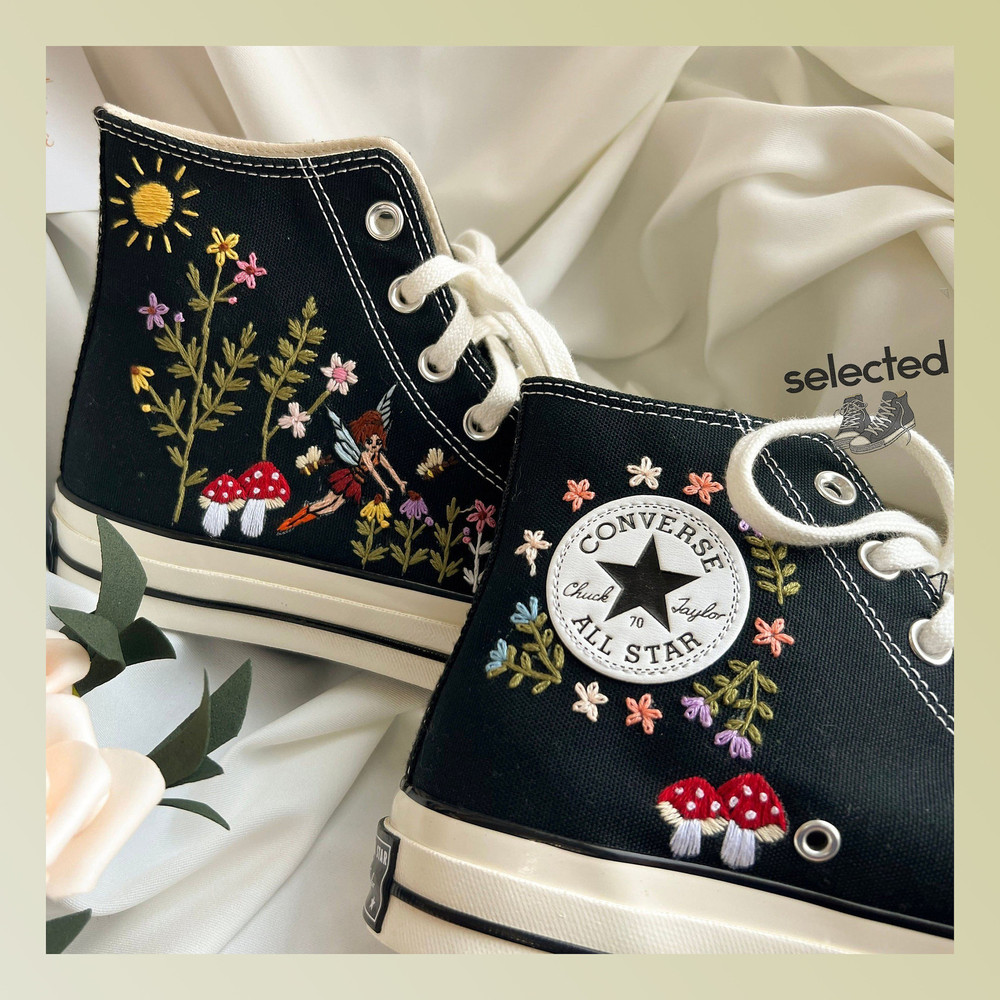 Tiny Flower Embroidery Converse, Mushroom Shoes, Embroidered Flower Shoes, Fairy And Flower Embroidered, Flowers Garden Embroidered Converse - 1.jpg