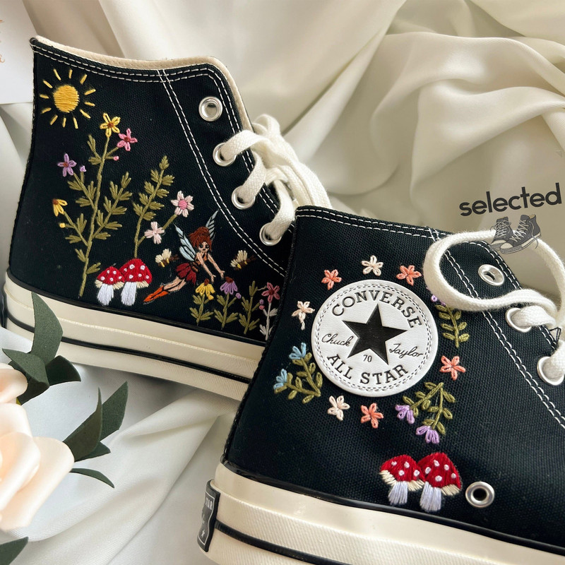 Tiny Flower Embroidery Converse, Mushroom Shoes, Embroidered Flower Shoes, Fairy And Flower Embroidered, Flowers Garden Embroidered Converse - 2.jpg