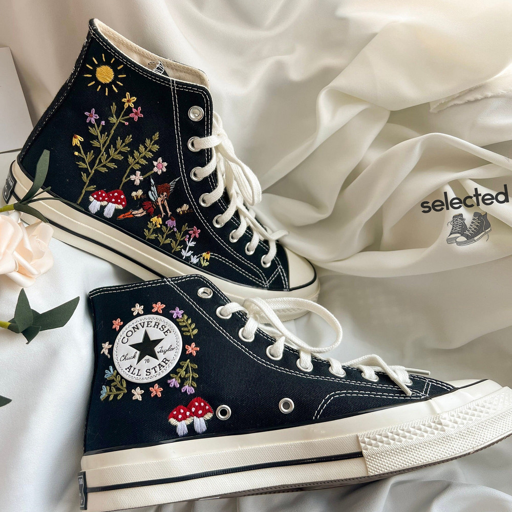 Tiny Flower Embroidery Converse, Mushroom Shoes, Embroidered Flower Shoes, Fairy And Flower Embroidered, Flowers Garden Embroidered Converse - 4.jpg
