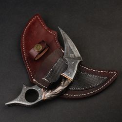 dragon's claw damascus steel karambit, with leather sheath, best hunting knife, camping knife, best gift for everyone