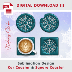 2 Christmas Puffy Snowflake Patterns - Sublimation Waterslade Patterns - Car Coaster Design - Digital Download