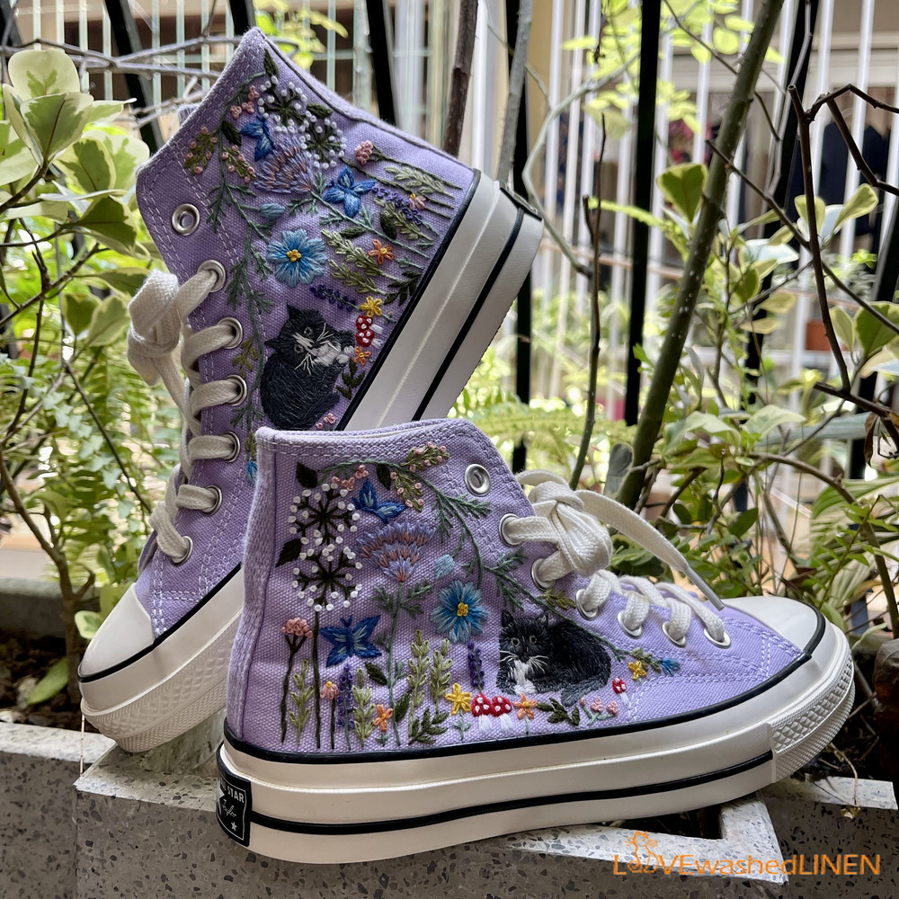 Custom Converse Chuck Taylor Embroidered Cats Summer Garden Flowers Embroidered Convese Shoes Embroidered Converse Custom Wedding Flowers - 1.jpg