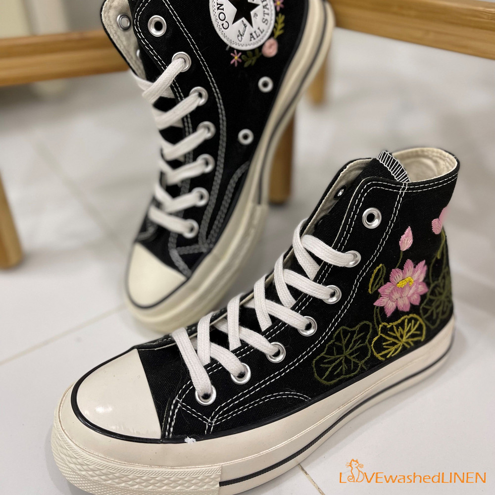 Custom Converse Chuck Taylor Embroidered Pink Lotus Flower Embroidered Converse Custom Wedding Flowers - 2.jpg