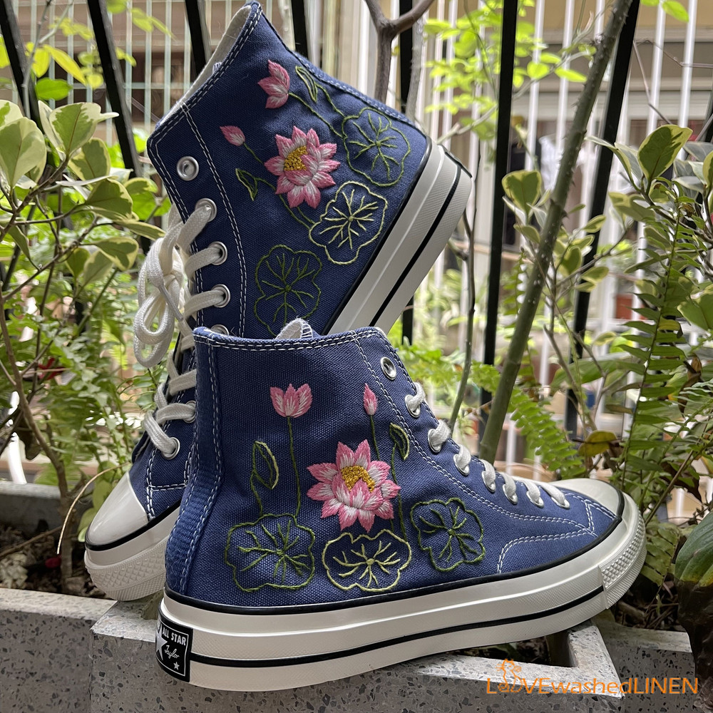 Custom Converse Chuck Taylor Embroidered Pink Lotus Flower Embroidered Converse Custom Wedding Flowers - 1.jpg