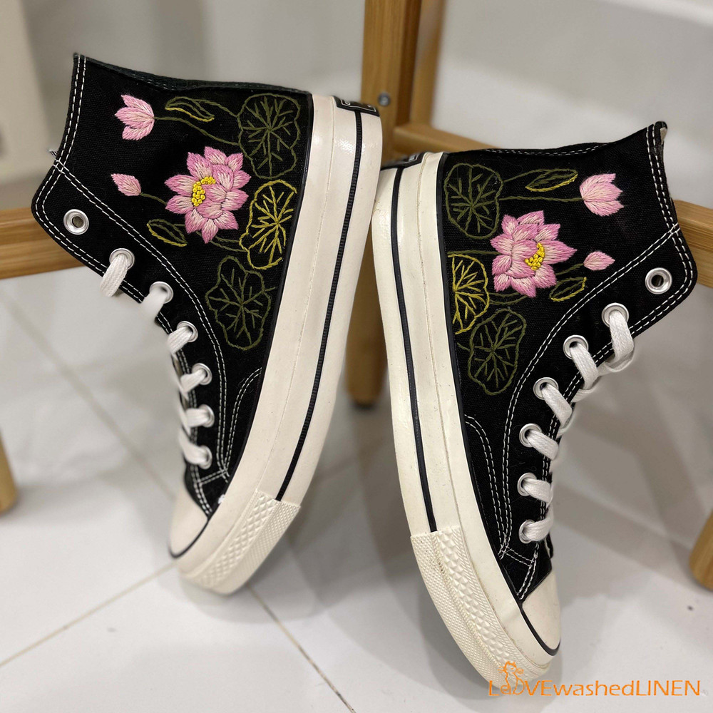 Custom Converse Chuck Taylor Embroidered Pink Lotus Flower Embroidered Converse Custom Wedding Flowers - 4.jpg