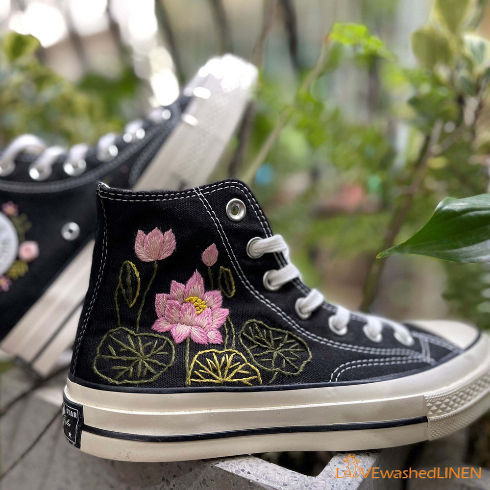 Custom Converse Chuck Taylor Embroidered Pink Lotus Flower Embroidered Converse Custom Wedding Flowers - 5.jpg