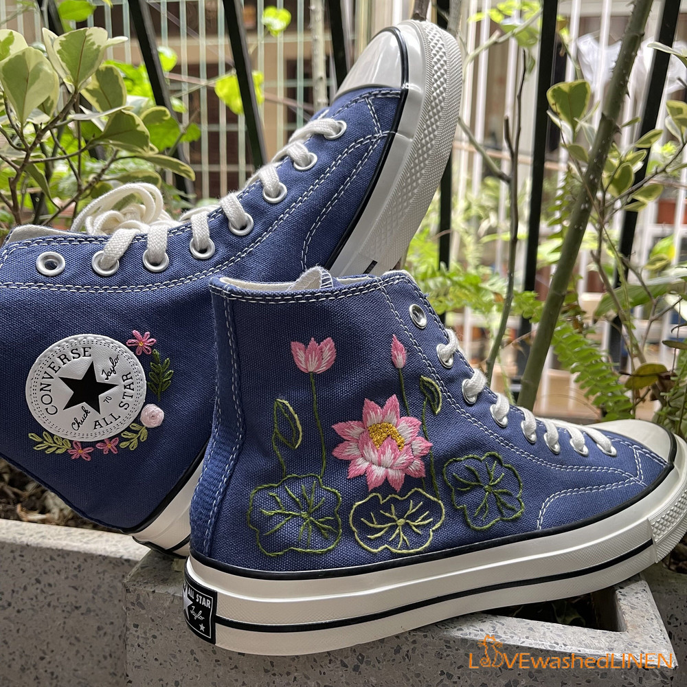 Custom Converse Chuck Taylor Embroidered Pink Lotus Flower Embroidered Converse Custom Wedding Flowers - 2.jpg