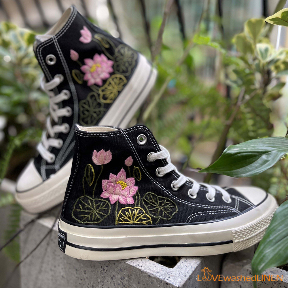 Custom Converse Chuck Taylor Embroidered Pink Lotus Flower Embroidered Converse Custom Wedding Flowers - 4.jpg