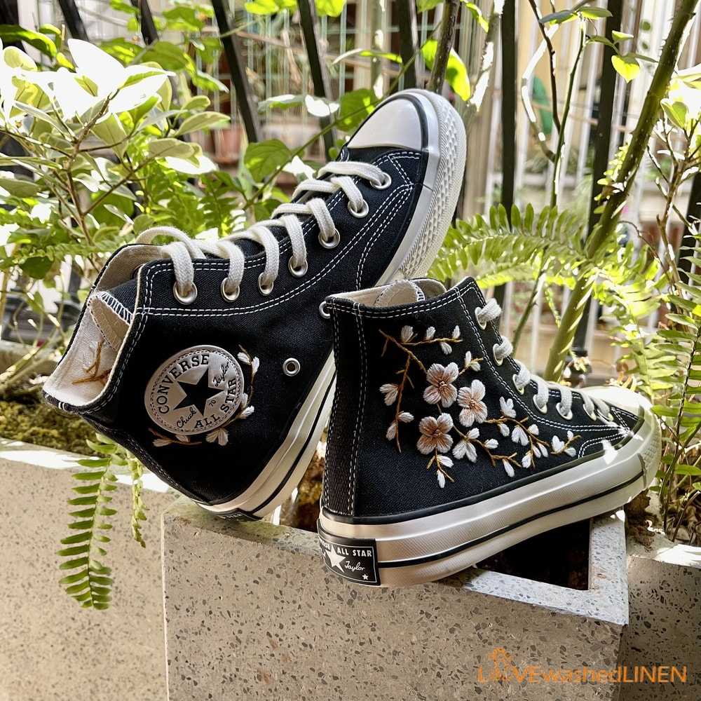 Custom Embroidered Converse High Tops Chuck Taylor 1970s Sweet Cherry Blossom Converse Custom Converse Chuck Taylor Embroidered Flower - 1.jpg