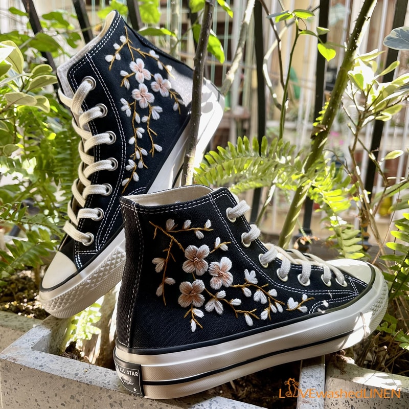 Custom Embroidered Converse High Tops Chuck Taylor 1970s Sweet Cherry Blossom Converse Custom Converse Chuck Taylor Embroidered Flower - 2.jpg